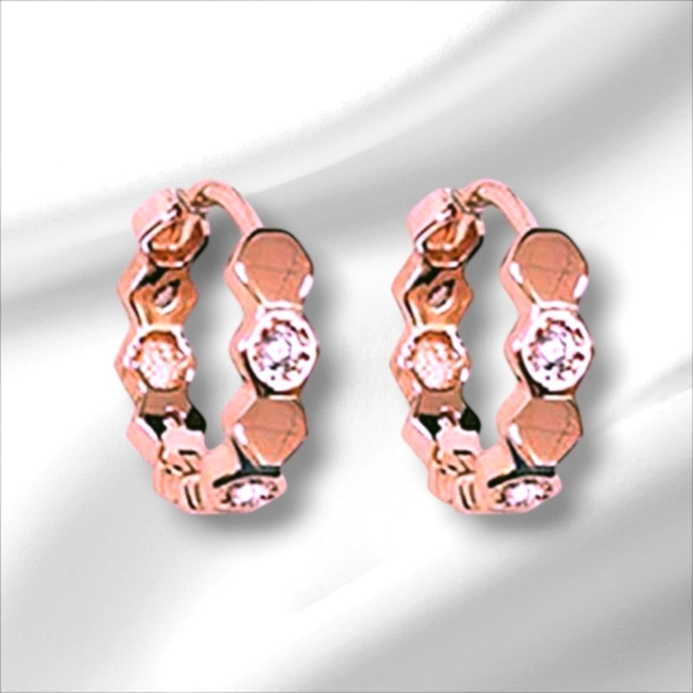 New 925 Rose Gold Sterling Silver Cubic Zirconia Hexagonal Hoop Earrings